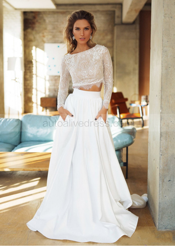 Sexy Two Piece Lace Wedding Dress With Satin Skirt